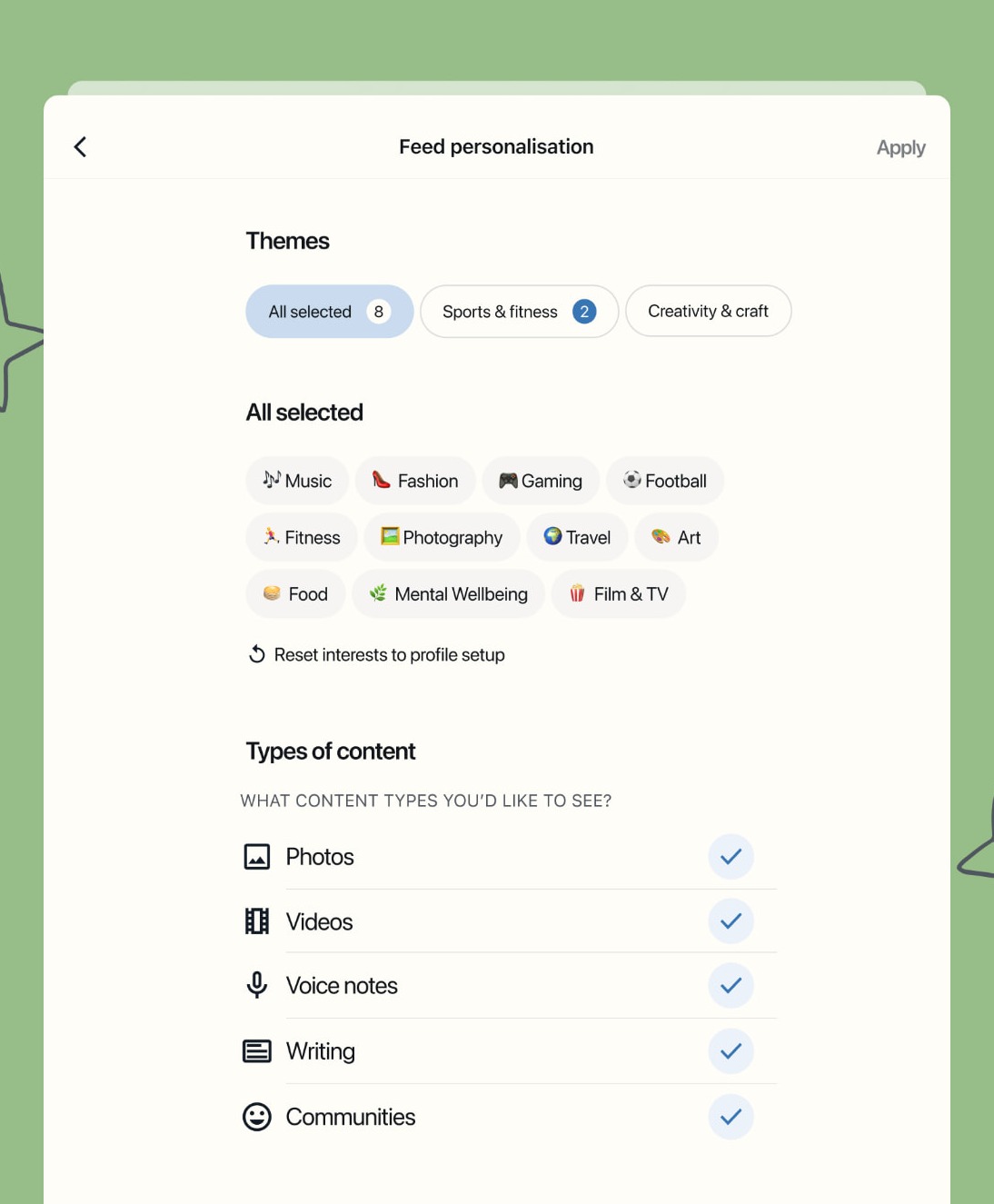 Personalizing the Tribela feed by interests and content types