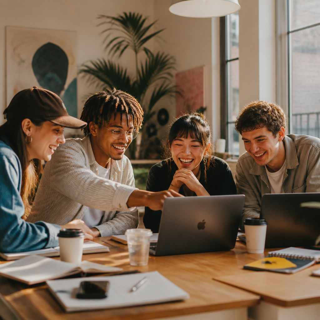 A diverse team collaborating around laptops in a bright modern workspace
