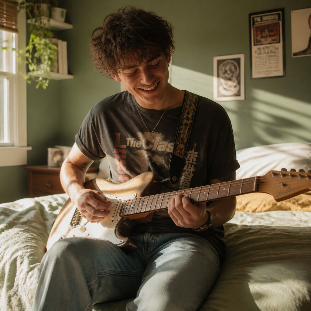 A young musician smiling with his guitar