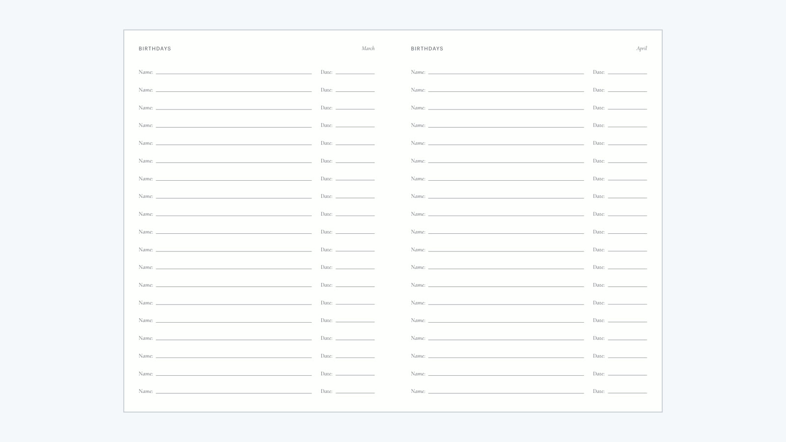 Birthdays spread of The Connection Book