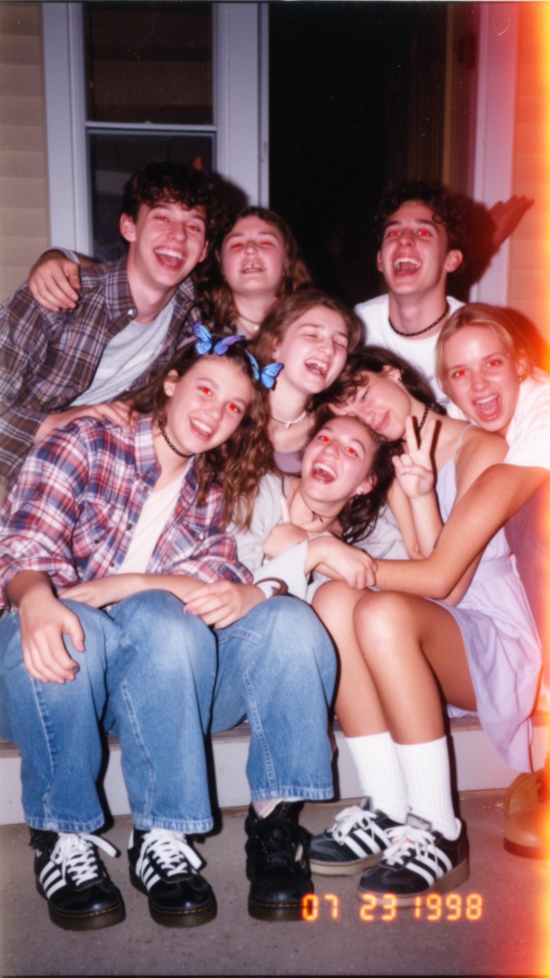 A 90s disposable camera snapshot of mixed friends piled on a porch stoop on a summer night, flannels, butterfly clips, Doc Martens